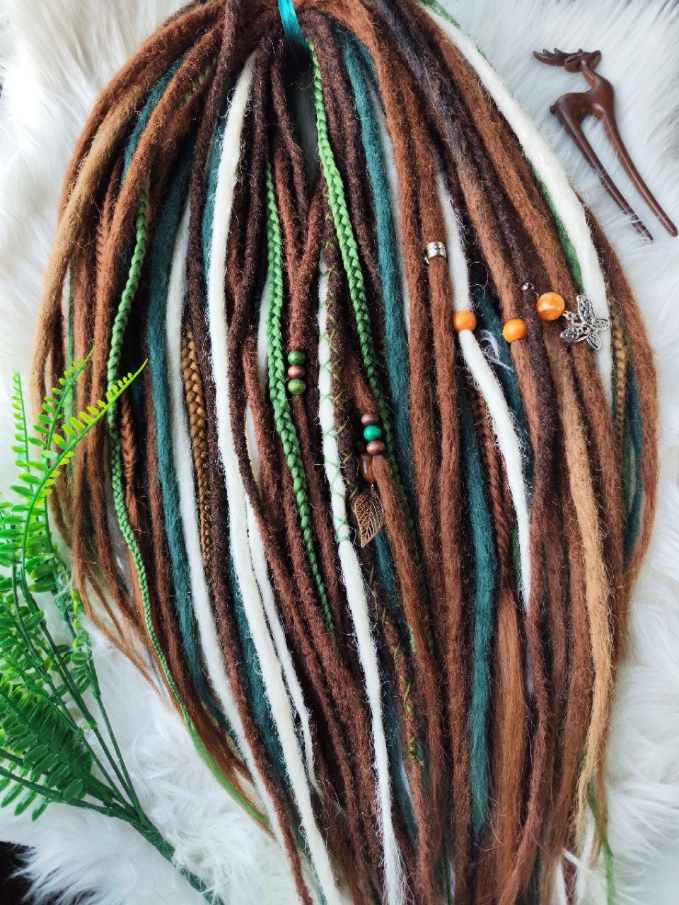 Boho Chic Brown, Blond and green Synthetic Crocheted Dreads Extensions Forester inspired Set