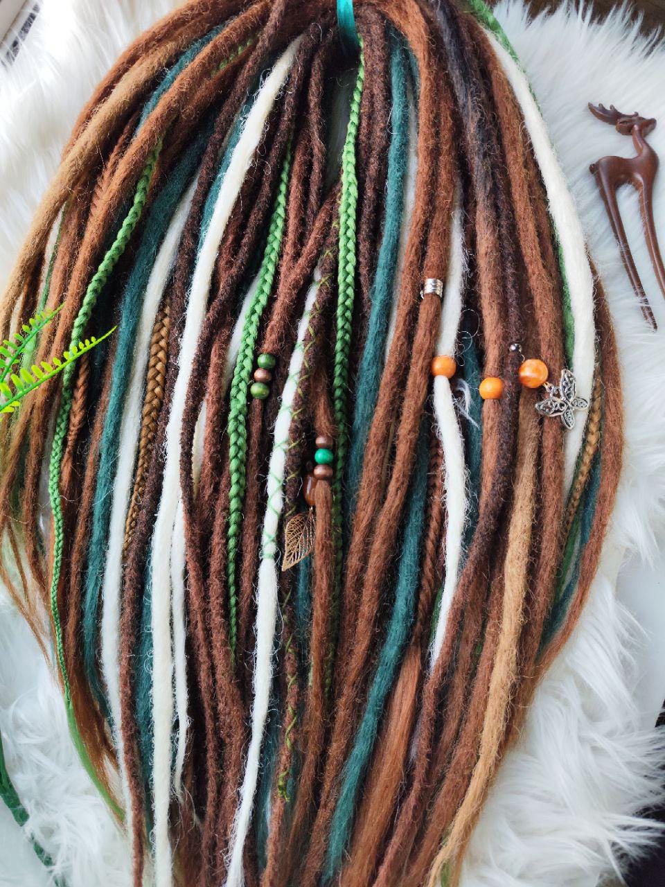 Boho Chic Brown, Blond and green Synthetic Crocheted Dreads Extensions Forester inspired Set