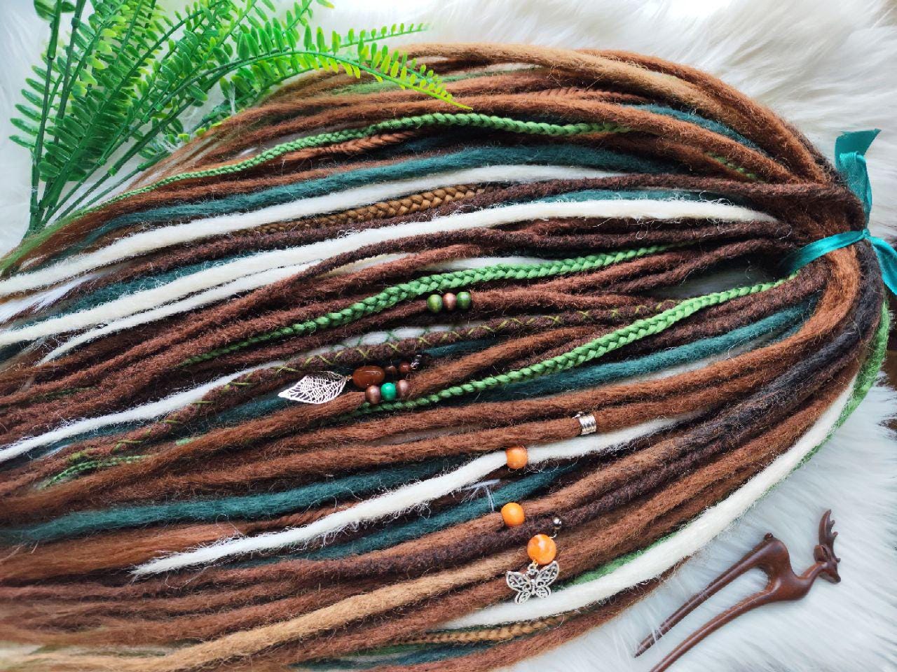 Boho Chic Brown, Blond and green Synthetic Crocheted Dreads Extensions Forester inspired Set