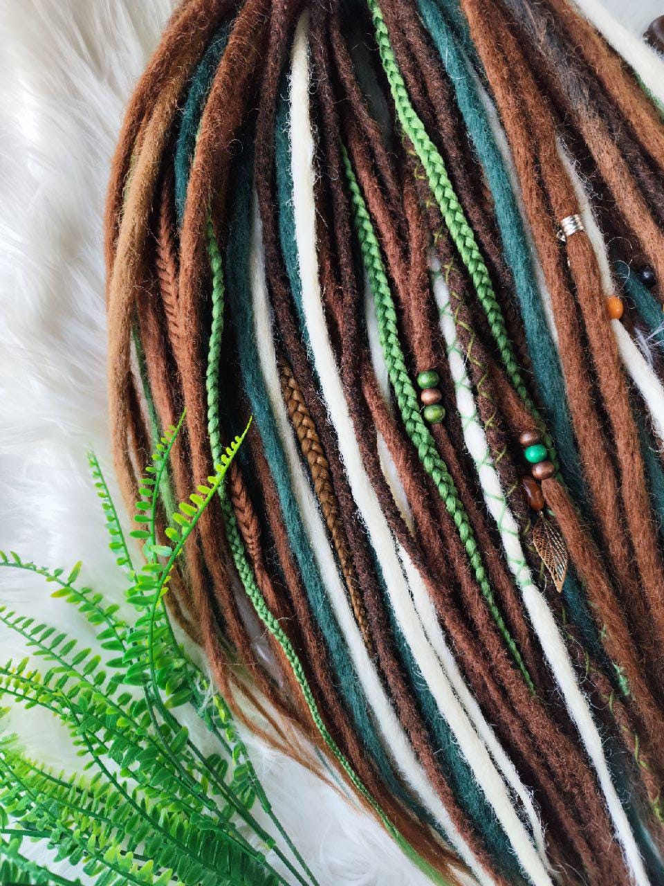 Boho Chic Brown, Blond and green Synthetic Crocheted Dreads Extensions Forester inspired Set