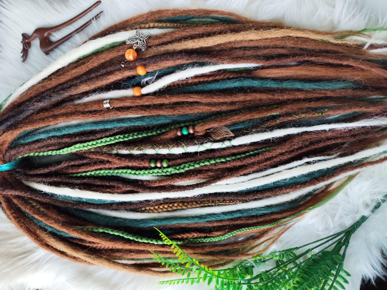 Boho Chic Brown, Blond and green Synthetic Crocheted Dreads Extensions Forester inspired Set