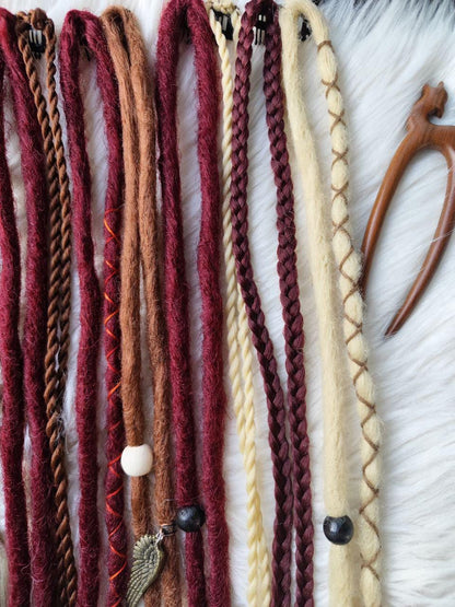 Handcrafted Synthetic Clip In Dreads Set in Brown, Blond, and Burgundy - Hair Extensions on Clips