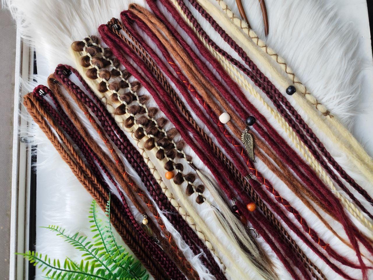 Boho Clip In Dreads in Brown, Blond, and Burgundy - Handmade Synthetic Hair Extensions on Clips