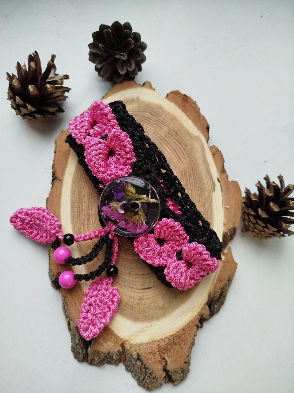 Boho Pink & Black Dreadlocks Holder with Crocheted Lace - Hair Bun Accessory