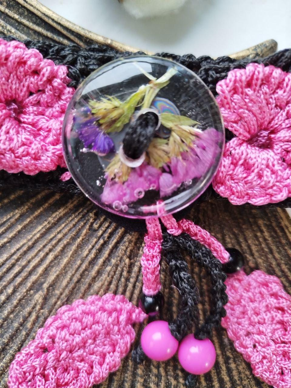 Boho Pink & Black Dreadlocks Holder with Crocheted Lace - Hair Bun Accessory