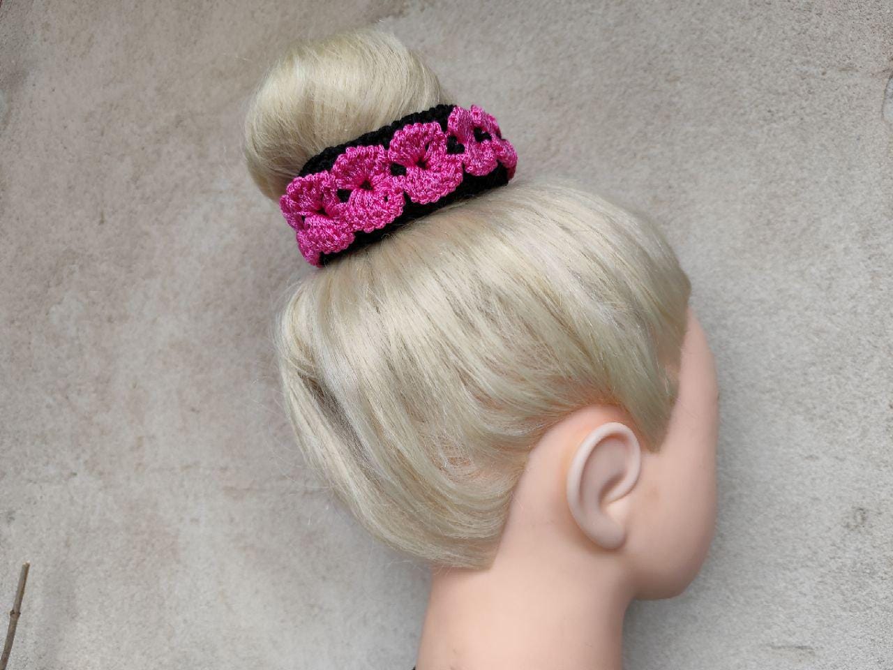 Boho Pink & Black Dreadlocks Holder with Crocheted Lace - Hair Bun Accessory