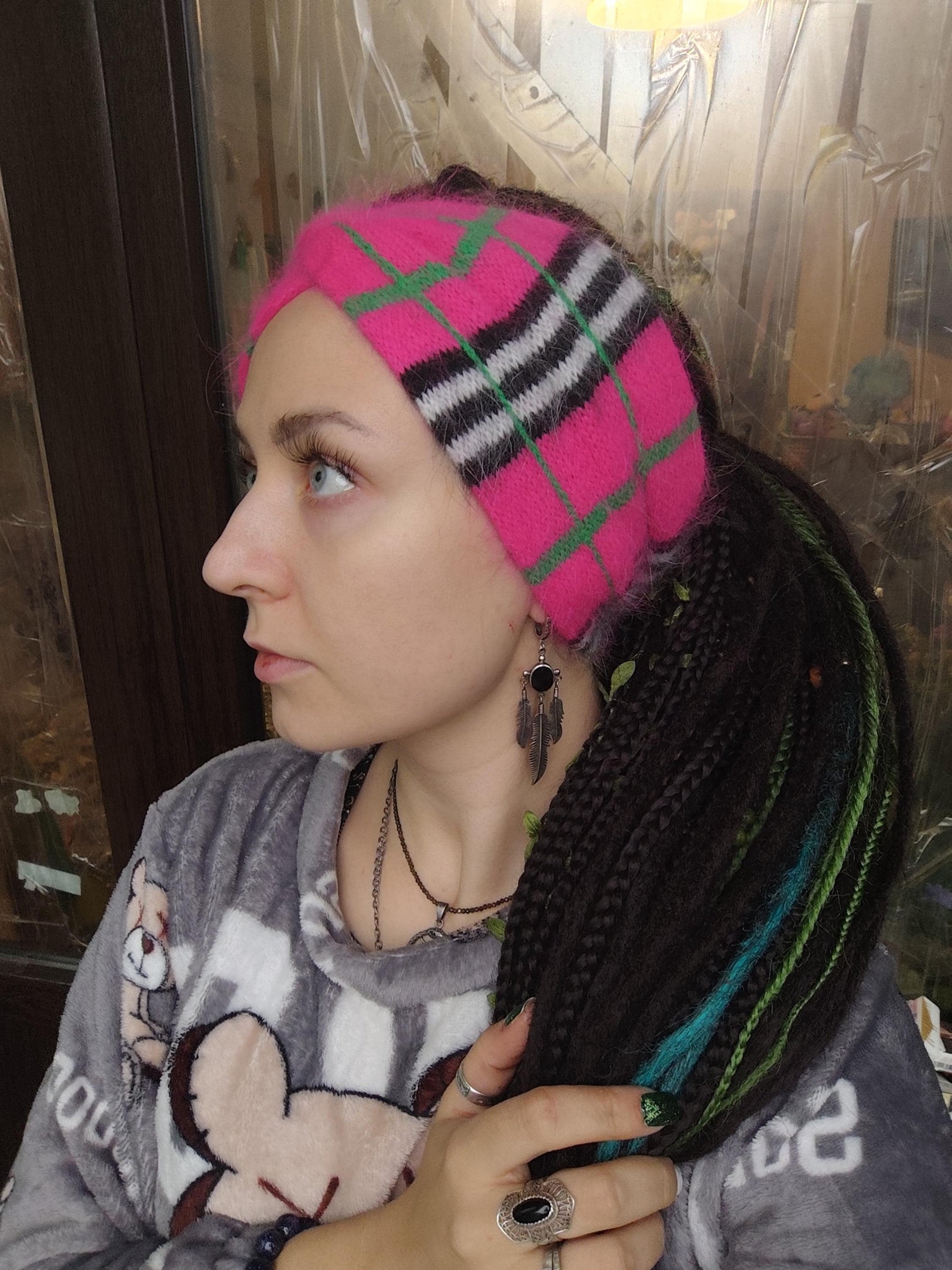 Pink Angora Ear Warmer - Hand-Knitted Headband for Winter