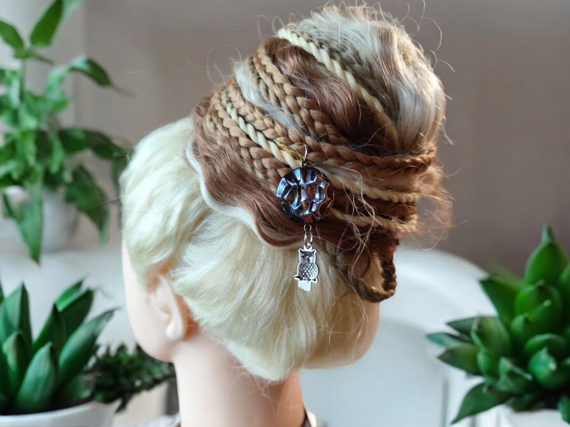 Chic Bun & Curls - Effortless Blonde Hairstyle with Braids and Fun Decor