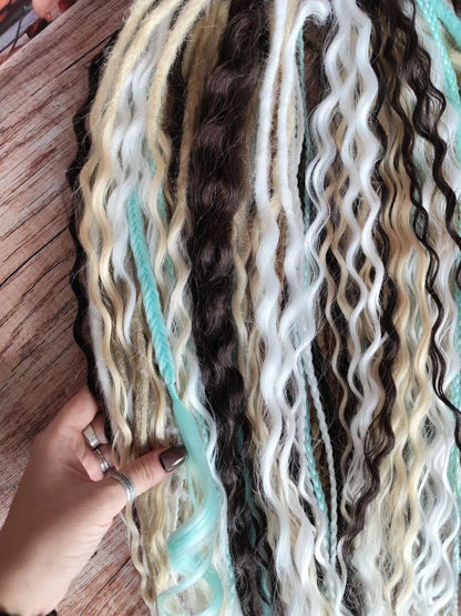 White Teal Hidden Base Curly Hair Extensions Set