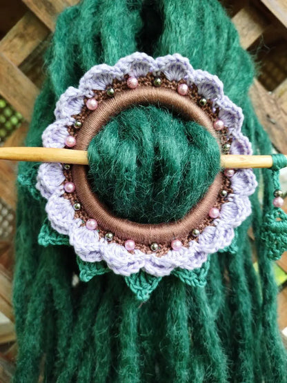 Lavender Crochet Hair Cuff with Wooden Stick – Boho Dreadlock Accessory
