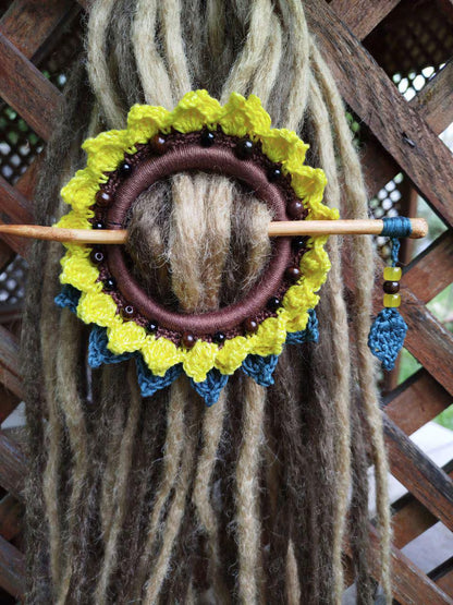 Sunflower Crochet Hair Cuff with Wooden Stick – Boho Dreadlock Accessory