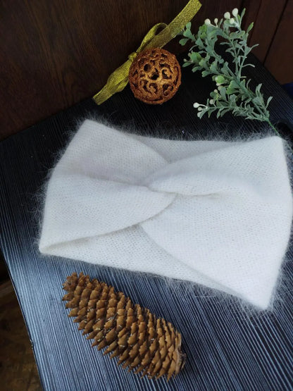White Angora Headband – Knitted Winter Ear Warmer (Handmade)