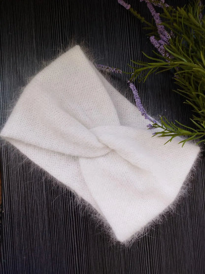White Angora Headband – Knitted Winter Ear Warmer (Handmade)