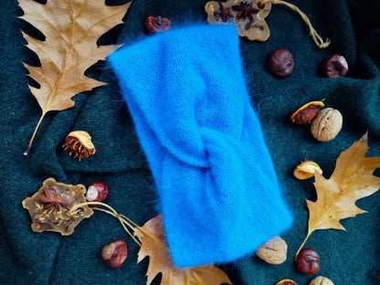 Blue Angora Headband – Handmade Knitted Winter Ear Warmer