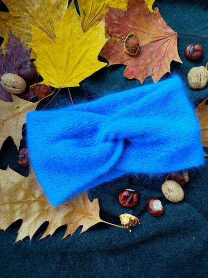 Blue Angora Headband – Handmade Knitted Winter Ear Warmer