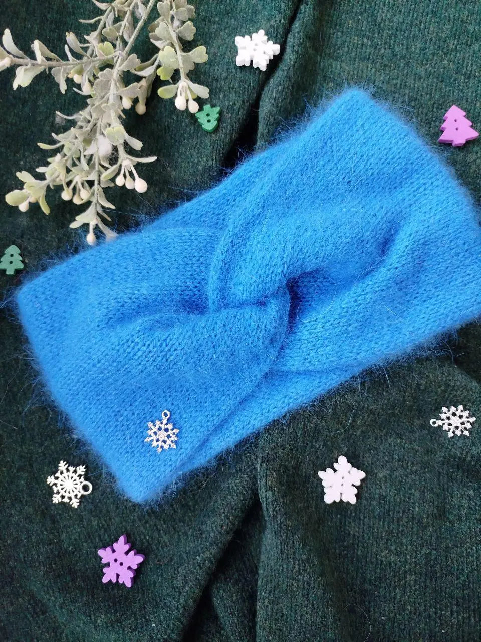 Blue Angora Headband – Handmade Knitted Winter Ear Warmer