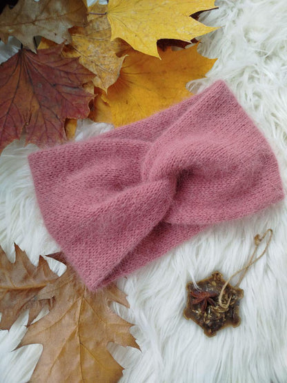 Dusty Rose Angora Headband – Knitted Winter Ear Warmer (Handmade)