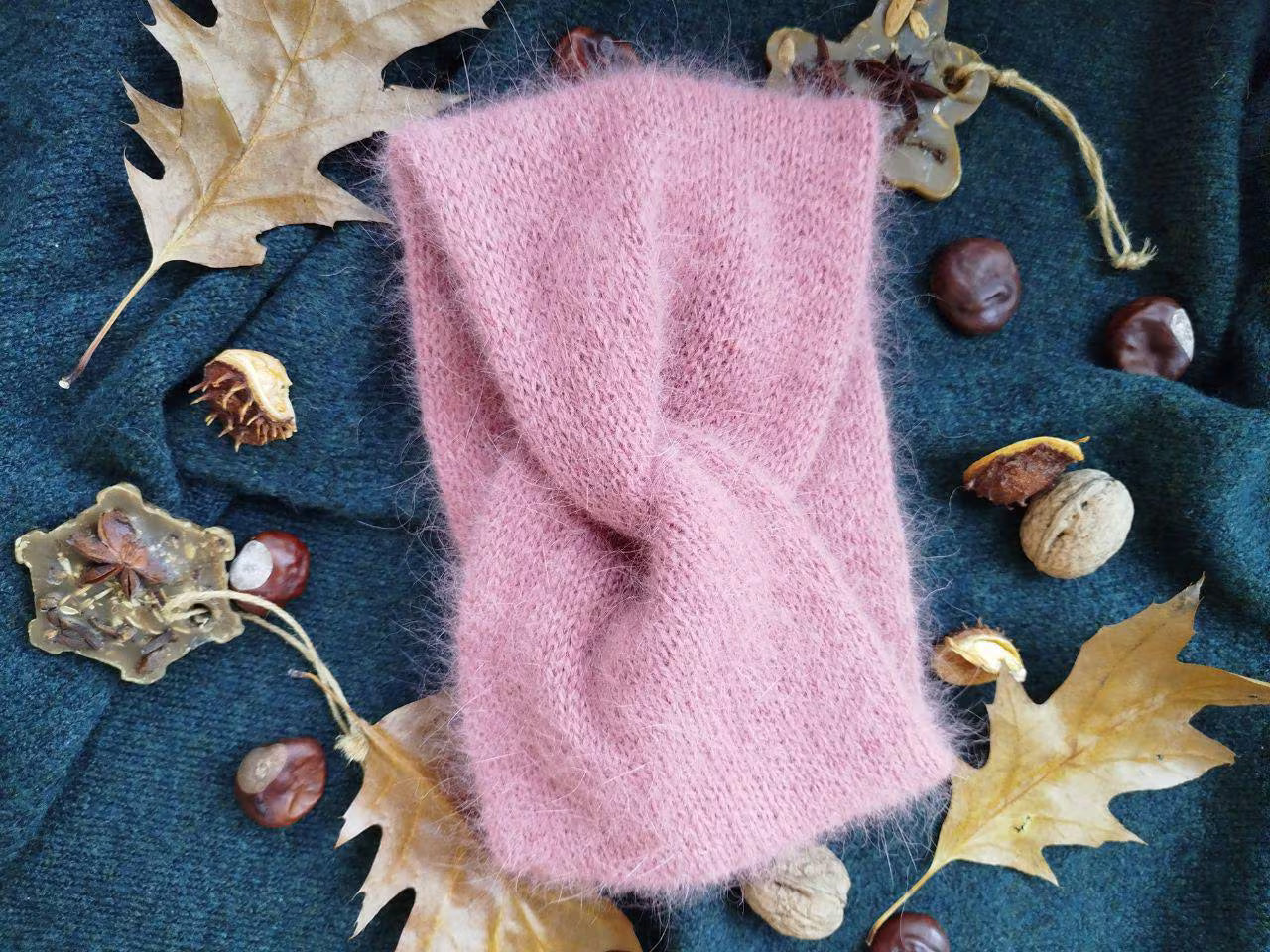 Pale Pink Angora Headband – Handmade Knitted Winter Ear Warmer