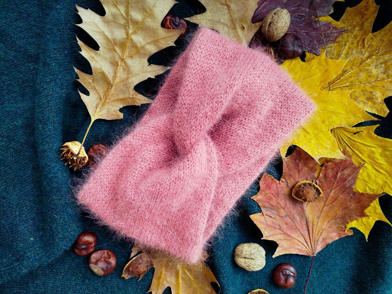 Pale Pink Angora Headband – Handmade Knitted Winter Ear Warmer