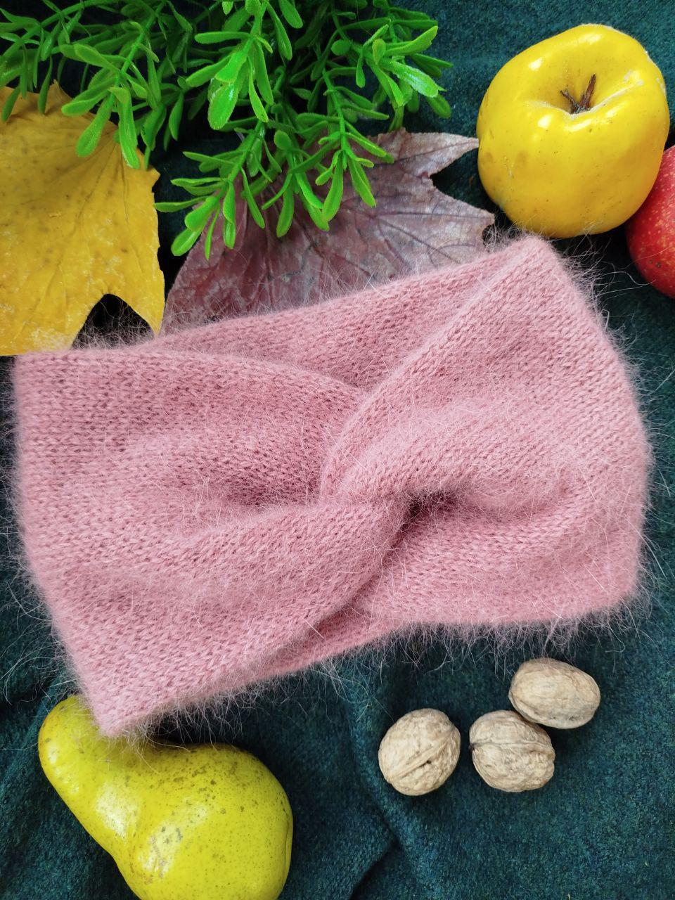 Pale Pink Angora Headband – Handmade Knitted Winter Ear Warmer