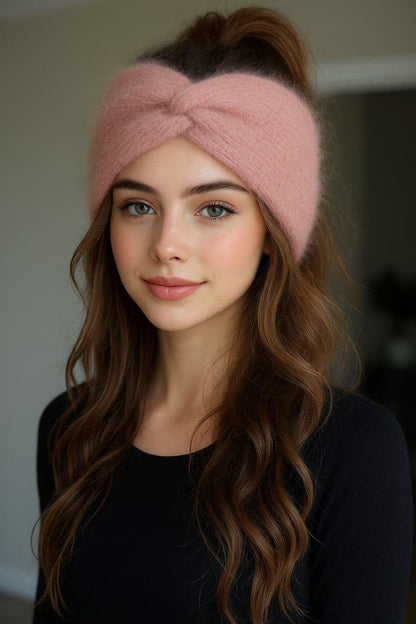 Dusty Rose Angora Headband – Knitted Winter Ear Warmer (Handmade)