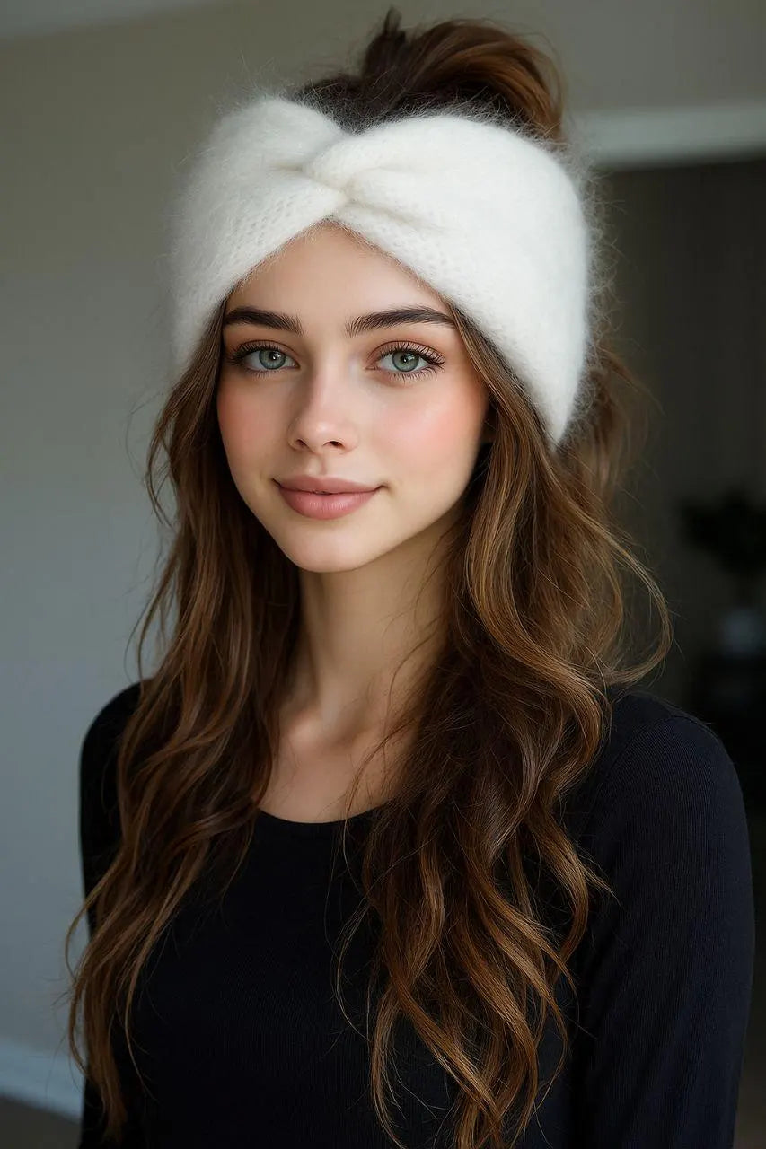 White Angora Headband – Knitted Winter Ear Warmer (Handmade)
