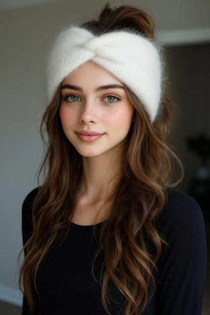 White Angora Headband – Knitted Winter Ear Warmer (Handmade)