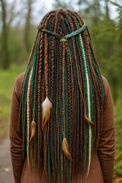 Brown, Blonde & Green Double Ended Boho Fake Dreads – Forest Inspired Set