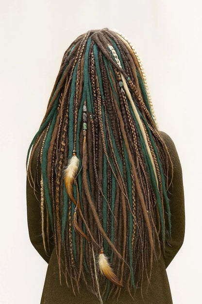 Brown, Blonde & Green Double Ended Boho Fake Dreads – Forest Inspired Set