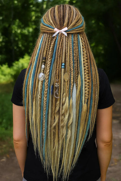 Blonde & Blue Double Ended Boho Fake Dreads with Loose Ends