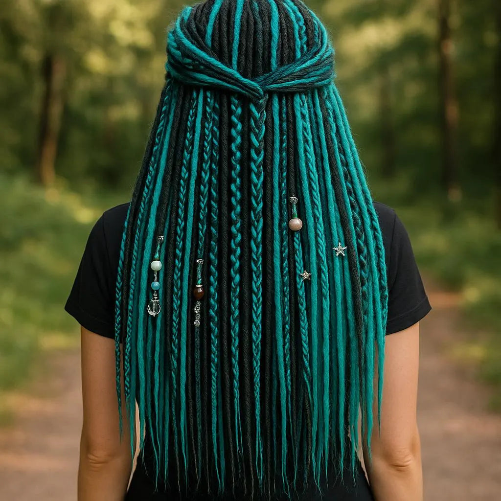 Boho Teal & Black Split Double Ended Dreadlocks – Synthetic DE Dreads and Braids Set