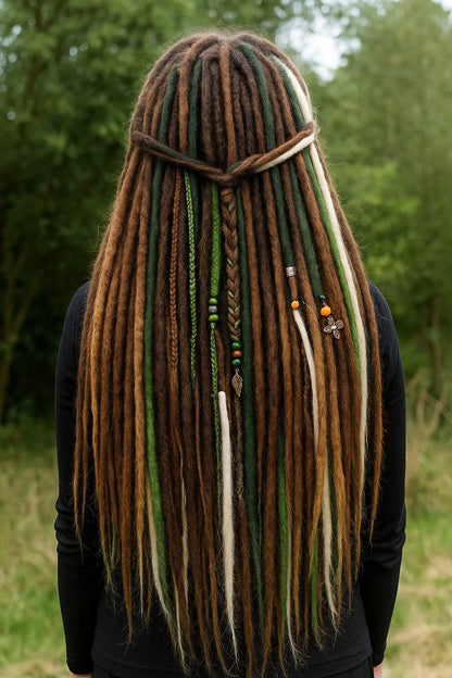 Forest Dreadlock Extensions Brown Blonde Green – Boho Fake Dreads and Braids Set