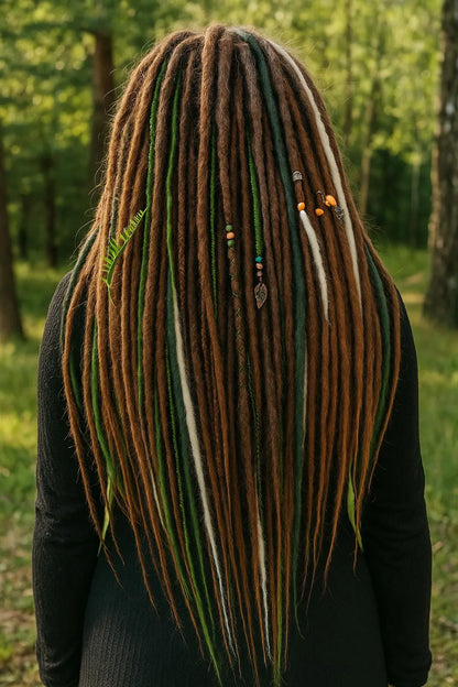 Forest Dreadlock Extensions Brown Blonde Green – Boho Fake Dreads and Braids Set