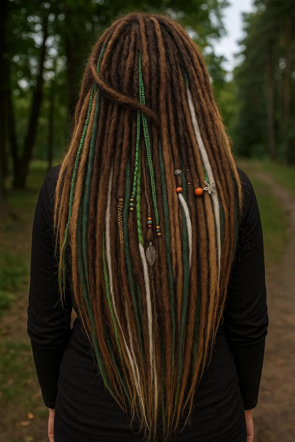 Forest Dreadlock Extensions Brown Blonde Green – Boho Fake Dreads and Braids Set