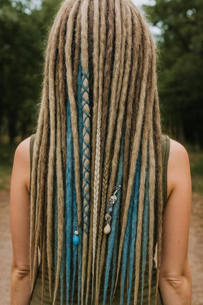 Schmutziges Aschblond Dreadlock Extensions mit blauen Ombre-Akzentsträhnen – Weiche Synthetische Dreads