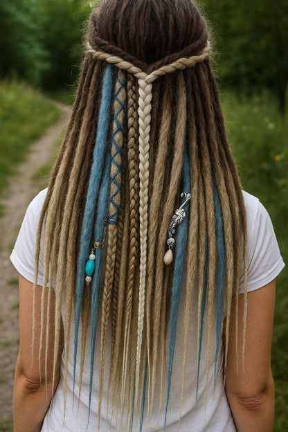 Schmutziges Aschblond Dreadlock Extensions mit blauen Ombre-Akzentsträhnen – Weiche Synthetische Dreads