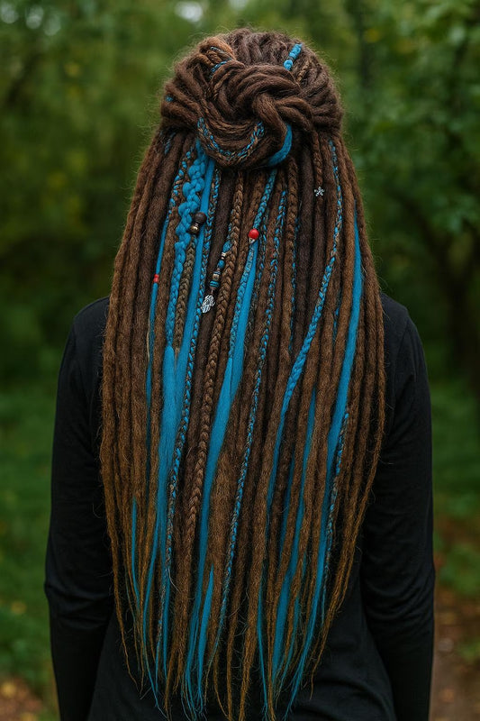 Cool Dark Brown & Ocean Blue Dreads and Braids Mix