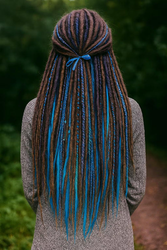 Cool Dark Brown & Ocean Blue Dreads and Braids Mix