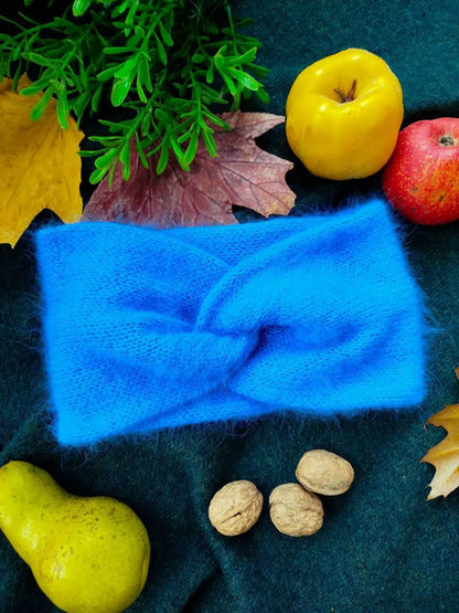 Blue Angora Headband – Handmade Knitted Winter Ear Warmer