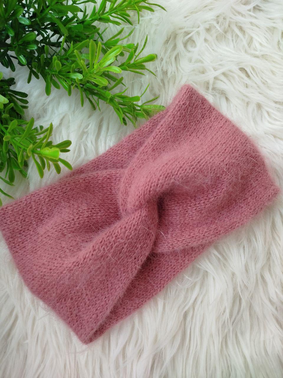 Dusty Rose Angora Headband – Knitted Winter Ear Warmer (Handmade)
