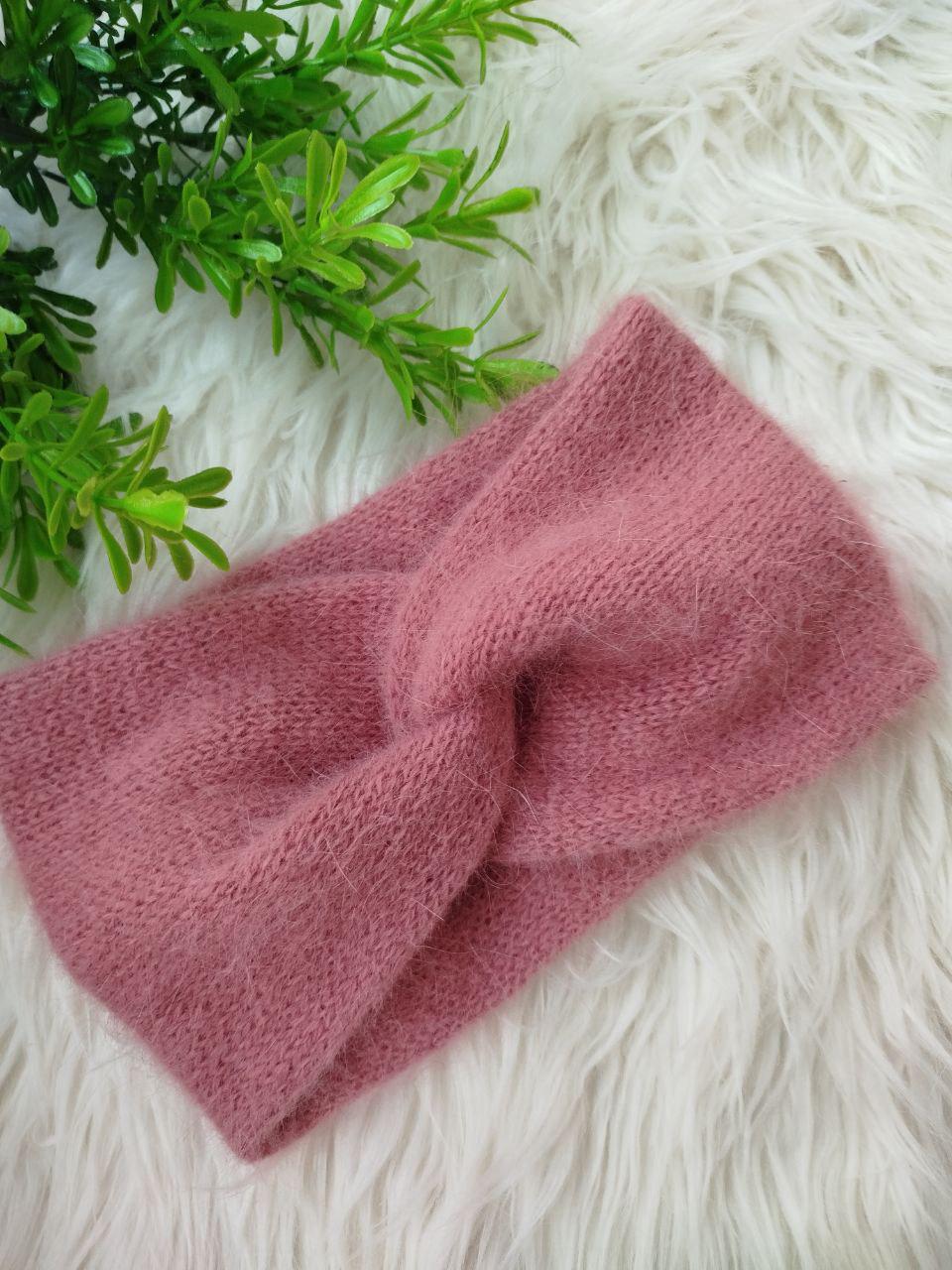 Dusty Rose Angora Headband – Knitted Winter Ear Warmer (Handmade)