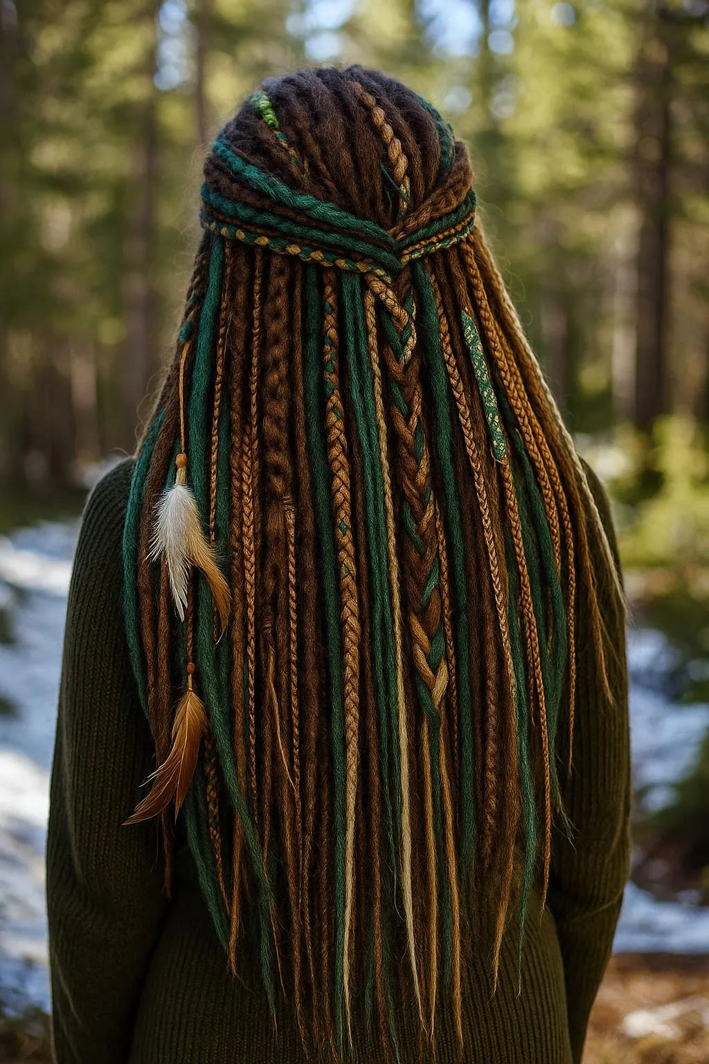 Brown, Blonde & Green Double Ended Boho Fake Dreads – Forest Inspired Set