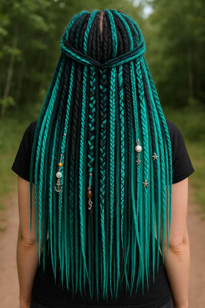 Boho Teal & Black Split Double Ended Dreadlocks – Synthetic DE Dreads and Braids Set