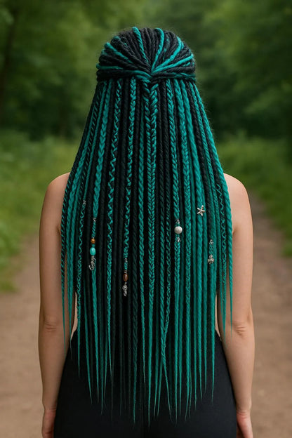 Boho Teal & Black Split Double Ended Dreadlocks – Synthetic DE Dreads and Braids Set