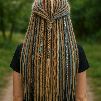 Dirty Blonde & Blue Double Ended Boho Fake Dreads with Loose Curls