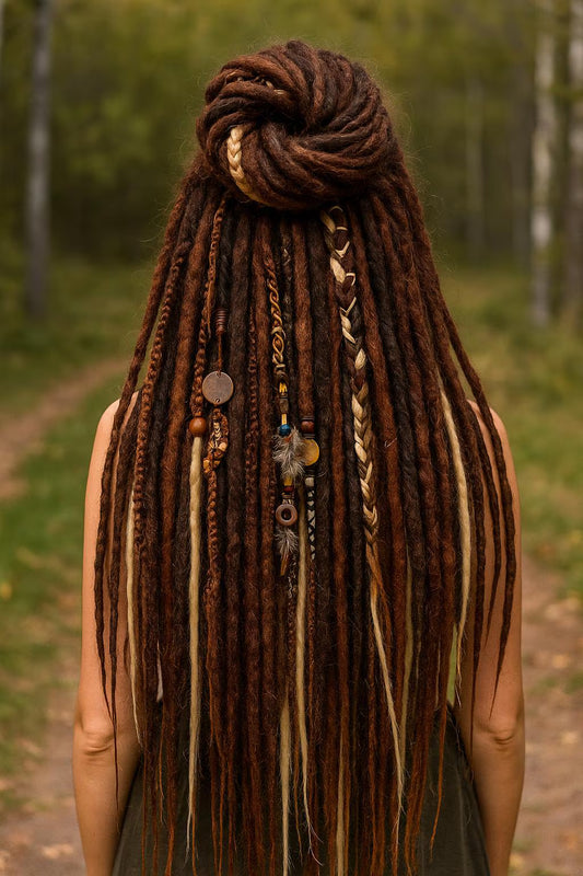 Multi-Tone Brown & Blonde Boho Fake Dreads and Braids – Boho Feather Accent Set