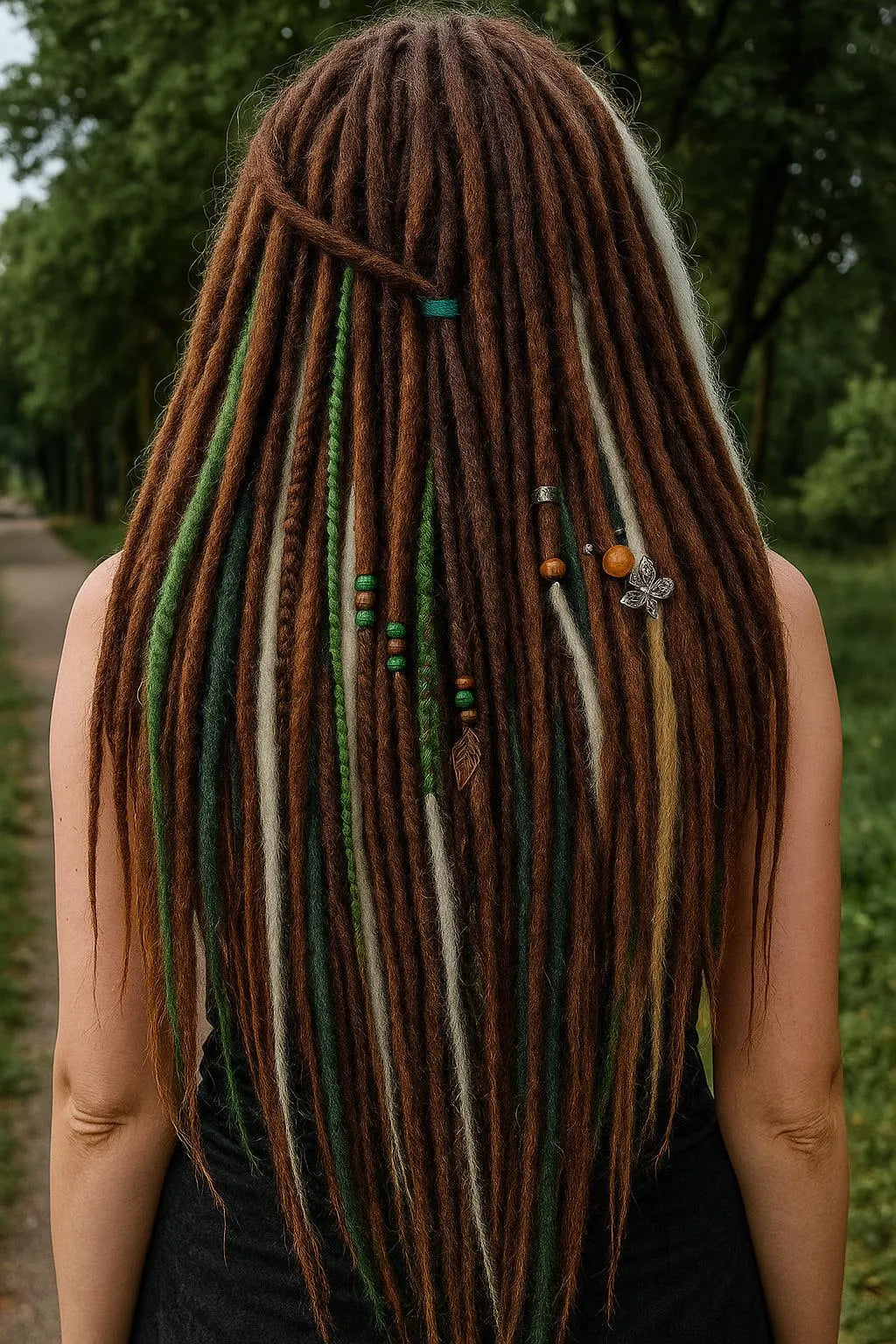Forest Dreadlock Extensions Brown Blonde Green – Boho Fake Dreads and Braids Set