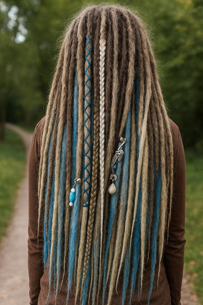 Schmutziges Aschblond Dreadlock Extensions mit blauen Ombre-Akzentsträhnen – Weiche Synthetische Dreads