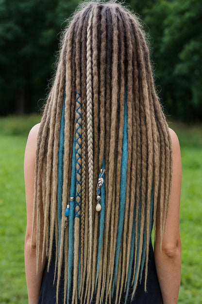 Schmutziges Aschblond Dreadlock Extensions mit blauen Ombre-Akzentsträhnen – Weiche Synthetische Dreads