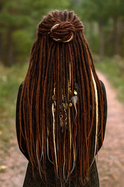 Multi-Tone Brown & Blonde Boho Fake Dreads and Braids – Boho Feather Accent Set